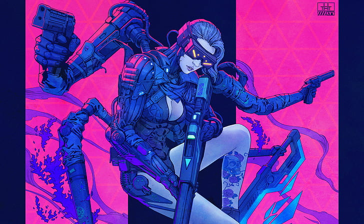 cyberpunk, pistol, senapan sniper, pink, wanita, tato, Exoskeleton, Wallpaper HD