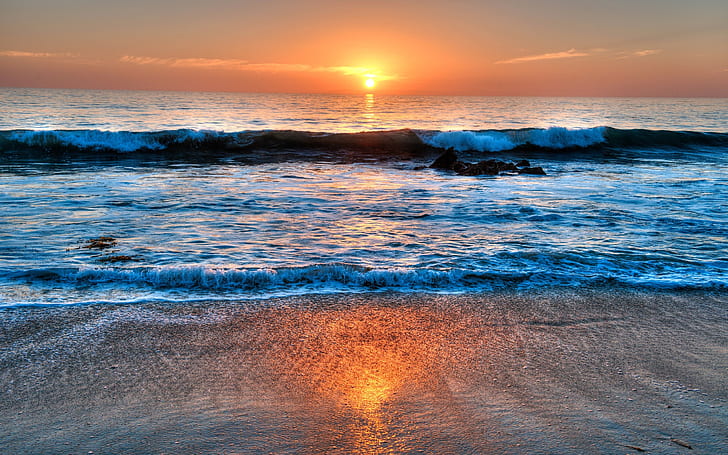 Laguna Beach, Kalifornia, USA, morze, zachód słońca, chmury, fale morskie, Laguna, plaża, Kalifornia, USA, morze, zachód słońca, chmury, Tapety HD