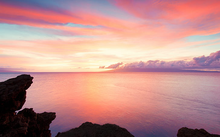 Maui Pastel, clouds, coastal, hawaii, islands, kaanapali, maui, nature, ocean, photography, pink, purple, rocks, rockycoast, seascape, sky, sunset, tropical, water, HD wallpaper