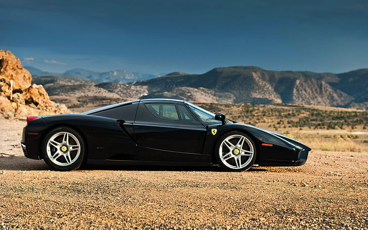 Widok z boku czarnego supersamochodu Ferrari Enzo, Ferrari, czarny, supersamochód, widok z boku, Tapety HD