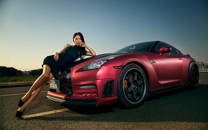 Frauen schwarz ärmelloses Kleid und rotes Coupé, Maschine, Auto, Mädchen, Modell, Asian, Auto, Nissan GT-R, koreanisches Modell, HD-Hintergrundbild