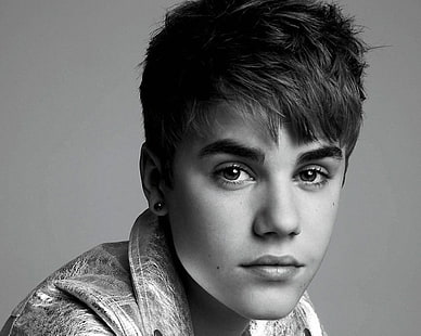 Justin Bieber, justin bieber, twarz, oczy, piosenkarz, czarno-biały, Tapety HD HD wallpaper