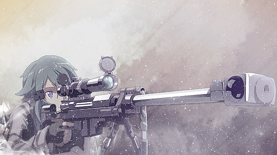 Асада Шино, снайперская винтовка, Gun Gale Online, аниме, Sword Art Online, аниме девушки, снег, HD обои HD wallpaper