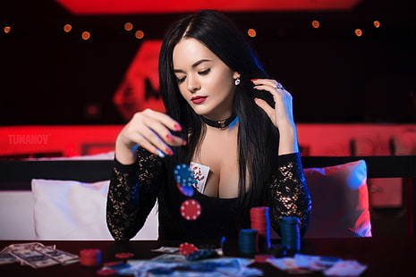 women, portrait, red nails, red lipstick, playing cards, money, HD wallpaper HD wallpaper
