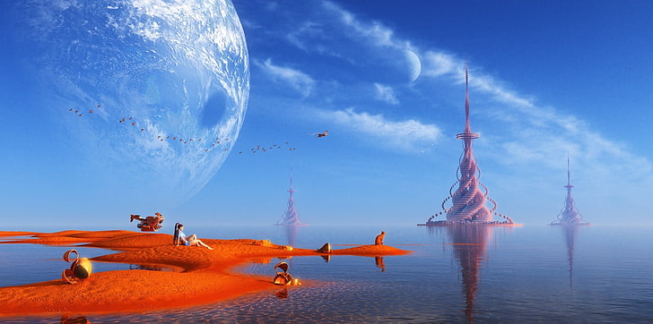 orange und schwarzer Fisch mit Fischen, Science Fiction, Fantasiekunst, Grafik, HD-Hintergrundbild