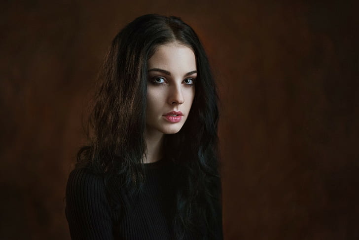 Alla Berger, Maxim Maximov, women, face, portrait, black sweater, long hair, HD wallpaper