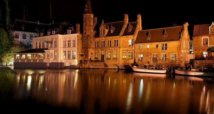 *** Belgium - Brugge ***, river, night, lights, architekture, houses, city, nature and landscapes, HD wallpaper