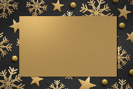 зима, снежинки, рамка, золотой, чёрный фон, чёрный, новогодний, фон, HD обои HD wallpaper