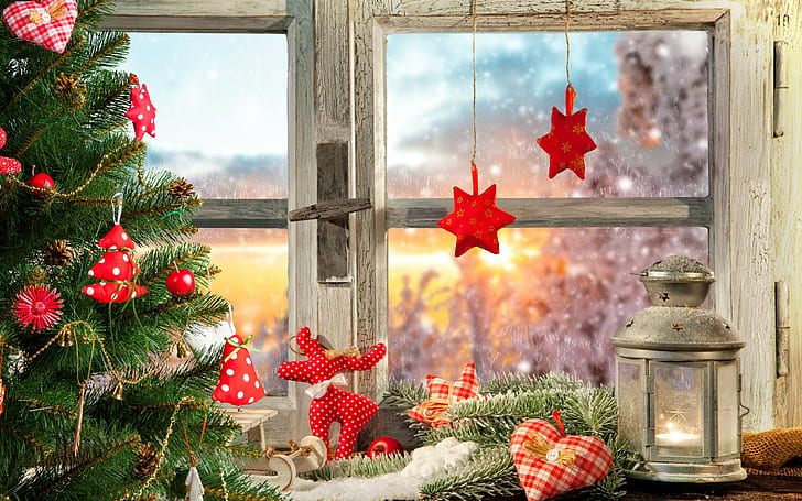 Noel dekorasyonu 2016, gri mum fener yıldızı biblo ve yılbaşı ağacı, pencere süslemeleri, yılbaşı ağacı.fener süslemeleri, HD masaüstü duvar kağıdı