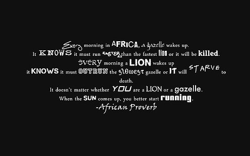 Buchstaben, Minimalismus, Löwe, Wörter, Phrase, die Bedingungen des Überlebens, afrikanisches Sprichwort, Gazelle, Gesetze, HD-Hintergrundbild HD wallpaper