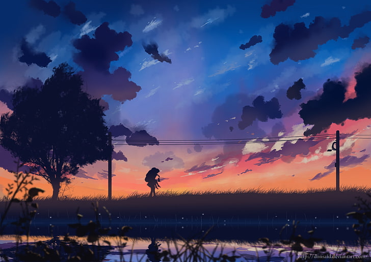 anime landscape, windy, tree, painting, clouds, Anime, HD wallpaper