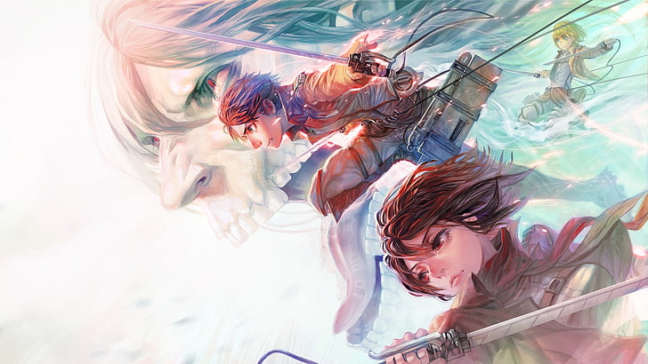 anime, Shingeki no Kyojin, Eren Jeager, Mikasa Ackerman, artwork, HD wallpaper