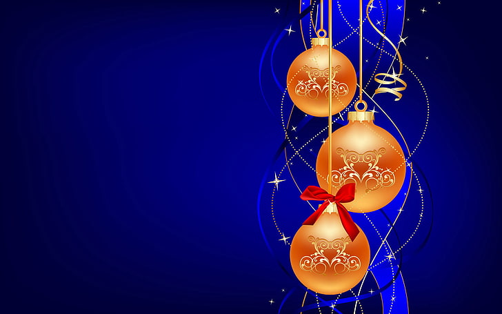 three gold-colored Christmas baubles digital wallpaper, decoration, Wallpaper, toys, new year, ball, Christmas, bow, serpentine, HD wallpaper