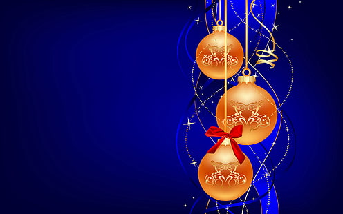 drei goldfarbene Christbaumkugeln digitale Tapete, Dekoration, Tapete, Spielzeug, Neujahr, Ball, Weihnachten, Bogen, Serpentin, HD-Hintergrundbild HD wallpaper