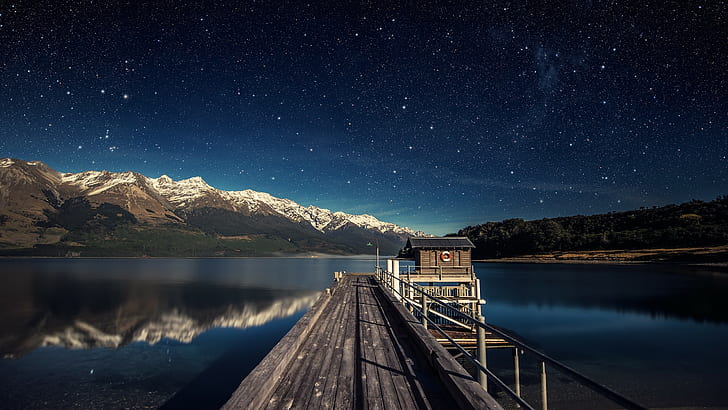 Nature, Pier, Lake, Mountain, Calm, Stars, Night, nature, pier, lake, mountain, calm, stars, night, HD wallpaper