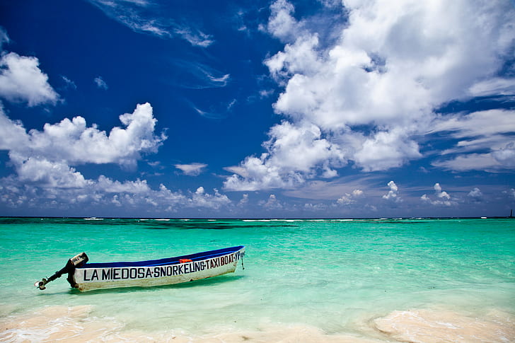 white and blue canoe on seashore during daytime, punta cana, dominican republic, punta cana, dominican republic, Punta Cana, Dominican Republic, white, blue, canoe, seashore, daytime, Republica Dominicana, beach, tropical, resort, ocean, República Dominicana, sea, vacations, summer, island, tropical Climate, nature, idyllic, sand, travel, sky, relaxation, water, tourist Resort, travel Destinations, turquoise Colored, coastline, landscape, maldives, tourism, HD wallpaper