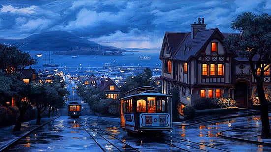 transport, rails, san francisco, tram, tramcar, rain, california, city, HD wallpaper HD wallpaper