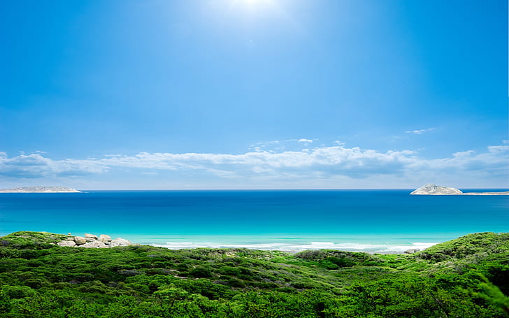Ilha perdida exótica, oceano azul, paisagem de verão, vista para o mar, oceano, céu claro, céu azul, HD papel de parede