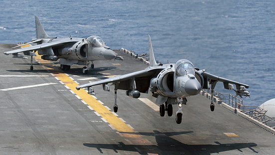 aircraft carrier, Harrier, sea, military aircraft, aircraft, military, vehicle, HD wallpaper HD wallpaper