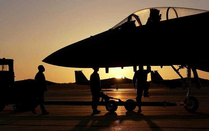 fotografi matahari terbenam pesawat pesawat terbang pesawat militer pangkalan militer jet tempur f15 elang, Wallpaper HD