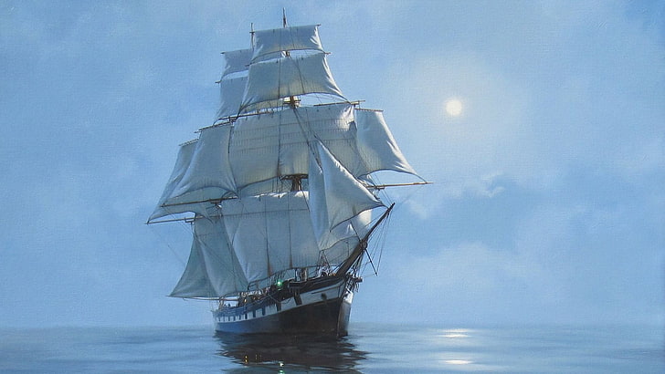 żaglowiec, żaglowiec, okręt flagowy, malarstwo, bryg, brygantyna, statek, statek z pełnym takielunkiem, bark, statek liniowy, barkentyna, Tapety HD