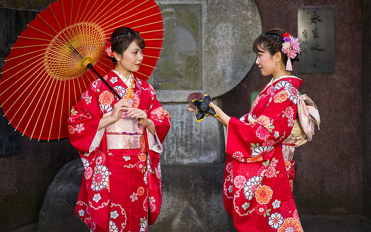 stile, ragazze, due, donne giapponesi, ombrello, kimono, in rosso, ragazze asiatiche, abiti, donne dai capelli castani, Sfondo HD