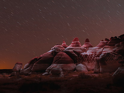 fotografia, noite, longa exposição, natureza, paisagem, Reuben Wu, estrelas, rocha, pedras, formação rochosa, céu claro, HD papel de parede HD wallpaper