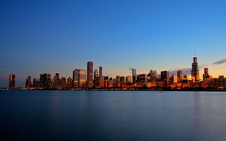ชิคาโก, เมือง, ทิวทัศน์ของเมือง, แสงไฟของเมือง, ตึกระฟ้า, พลบค่ำ, เซียร์ทาวเวอร์, วอลล์เปเปอร์ HD