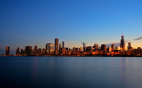 Чикаго, град, градски пейзаж, градски светлини, небостъргач, здрач, Сиърс Тауър, HD тапет HD wallpaper