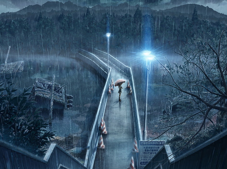 Mujer de pie en el puente bajo la ilustración paraguas, lluvia, anime, noche, fuertes lluvias, Fondo de pantalla HD