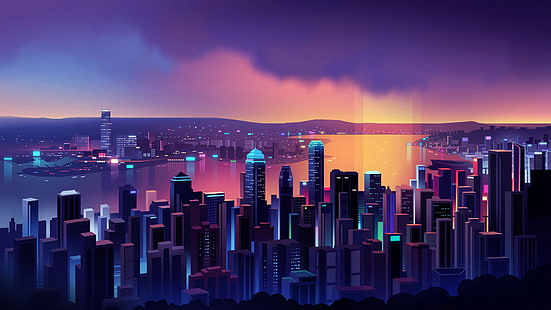 construção, cidade, céu, lago, ilustração, Romain Trystram, Hong Kong, HD papel de parede HD wallpaper