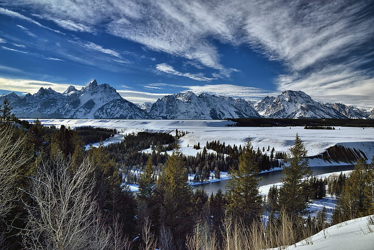 gray trees near mountain during daytime, snake river, tetons, grand teton national park, snake river, tetons, grand teton national park, Snake River, Overlook, View, Tetons, Grand Teton National Park, gray, mountain, daytime, Ansel Adams, Photo, Point, Blue Skies, Clouds, Capture, NX2, Edited, Cloud, Color, Pro  Day, Evergreen, Greater Yellowstone, Rockies, Hillside, Trees, West, Middle Teton, Mount Moran, Mount Owen, Mount Saint John, Mount Woodring, Mountains, Distance, Idaho, Grand Tetons, Moose  Wyoming, United States, Canvas, snow, nature, landscape, scenics, outdoors, lake, winter, HD wallpaper