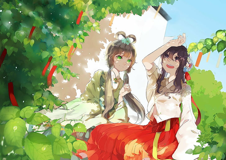 anime, brown, brunettes, buildings, chinese, clothes, dress, eyes, flower, flowers, girls, gray, green, hair, ling, long, luo, mouth, open, ornaments, shadows, sitting, skies, smiling, tianyi, trees, twintails, vocaloid, yuezheng, HD wallpaper