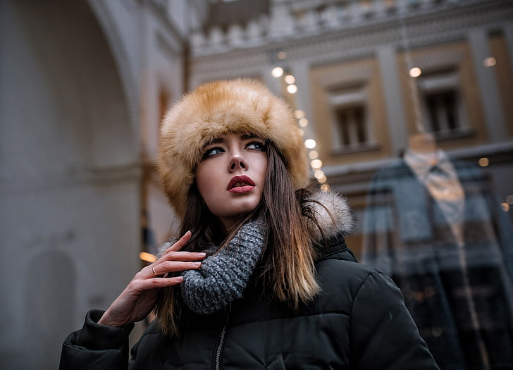 urban, portrait, women outdoors, women, Disha Shemetova, fur cap, black jackets, touching hair, looking away, HD wallpaper