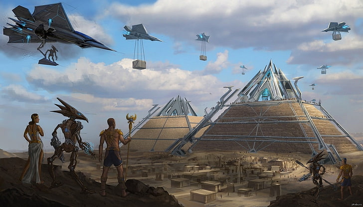 animated movie digital wallpaper, UFO, Egypt, pyramid, spaceship, science fiction, fantasy art, artwork, HD wallpaper