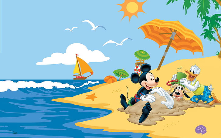 Papeis de parede 1920x1200 aventuras de verão com Mickey Mouse patinho Donald pateta Disney verão praia baixar imagens, HD papel de parede