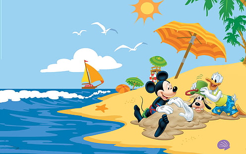 Summer Adventures With Mickey Mouse Donald Duck Goofy Disney Summer Beach Hd Wallpaper 1920 × 1200, HD tapet HD wallpaper