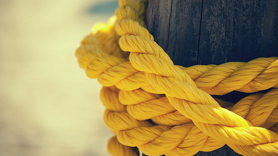 yellow rope, yellow rope at daytime, macro, ropes, depth of field, closeup, knot, yellow, beige, wood, HD wallpaper HD wallpaper