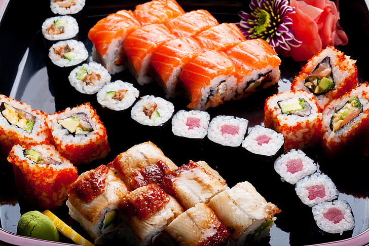 shushi roll platter, flowers, lemon, rolls, sushi, Japanese cuisine, ginger, design, decorations, HD wallpaper