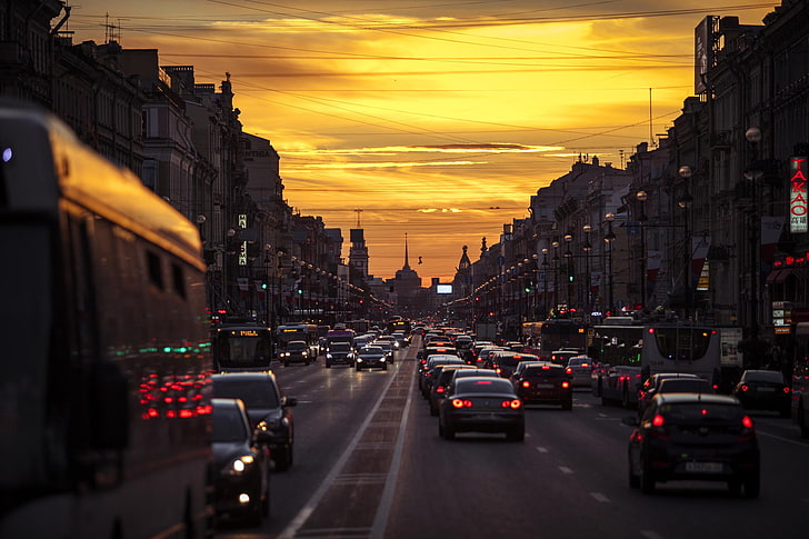 black sedan, machine, movement, street, the evening, Peter, Saint Petersburg, Russia, SPb, St. Petersburg, Nevsky Prospekt, HD wallpaper