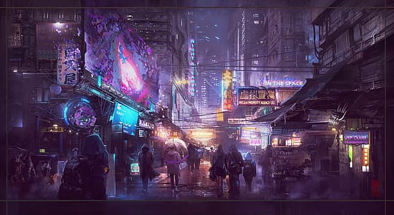 cyberpunk, neon, Donglu Yu, deszcz, Tapety HD HD wallpaper