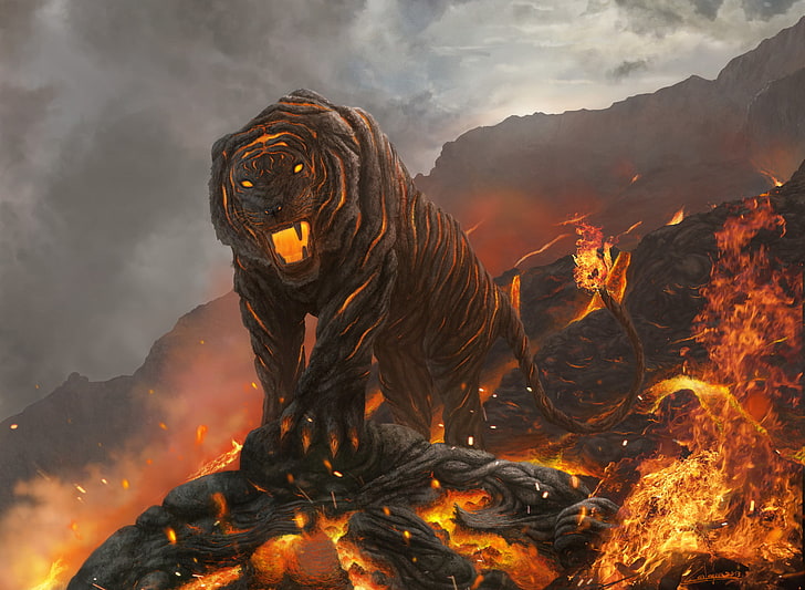 tiger and lava illustration, cat, mountains, tiger, fire, art, mouth, lava, HD wallpaper
