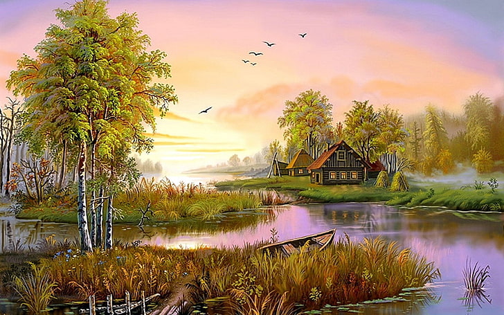 Artistic, Painting, Boat, Canoe, House, Lake, Spring, HD wallpaper