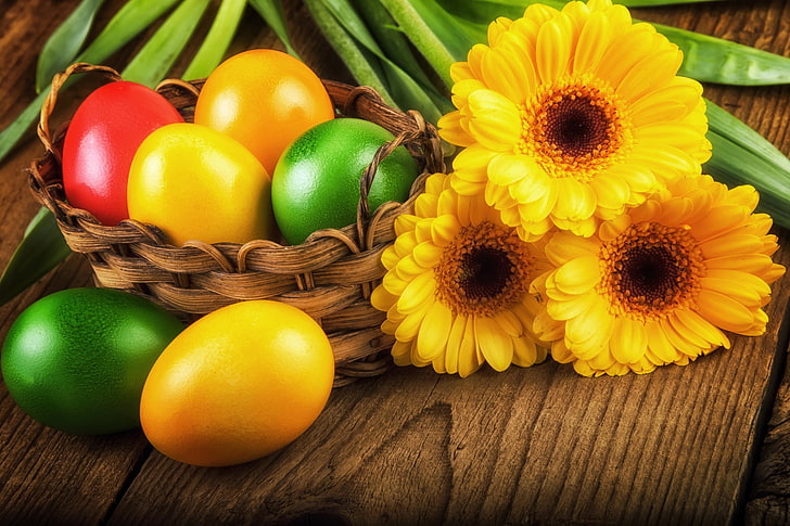 Holiday, Easter, Basket, Easter Egg, Egg, Flower, Gerbera, Yellow Flower,  HD wallpaper | Wallpaperbetter