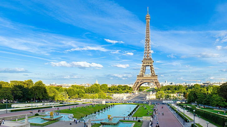 архитектура, Париж, Айфелова кула, Франция, кула, френски, дървета, небе, облаци, вода, HD тапет