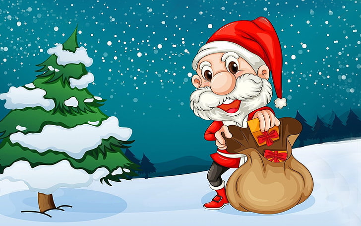 Весела Коледа Коледна елха Дядо Коледа Карикатура Hd Тапет за десктоп 3840 × 2400, HD тапет