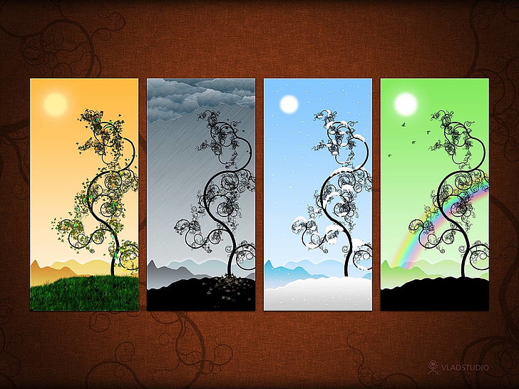 peinture de quatre panneaux d'arbres, terre, saison, automne, printemps, été, hiver, Fond d'écran HD