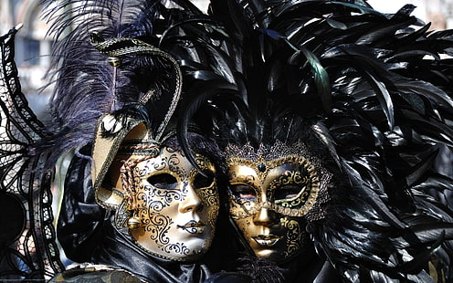Венецианские карнавальные маски, 2 черные маски, венеция, карнавальные маски, HD обои HD wallpaper