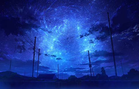 аниме, HuashiJW, звездная ночь, HD обои HD wallpaper