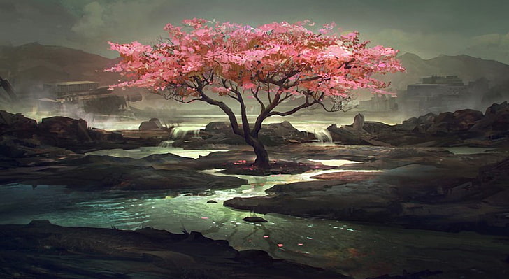 桜の木の絵画、桜の木、芸術、図面、風景、風景、ピンク、川、シーン、ツリー、アートワーク、花、絵画、 HDデスクトップの壁紙